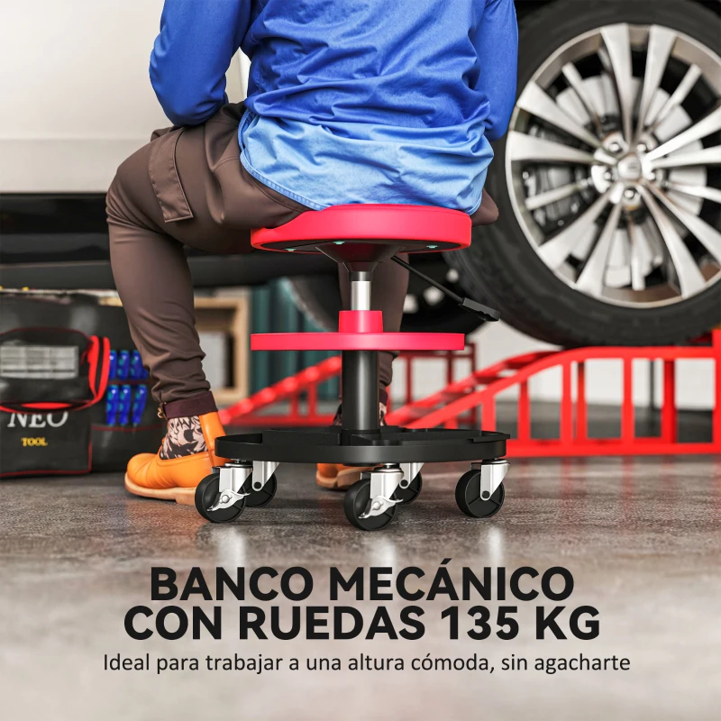 HOMCOM Taburete de Taller Giratorio con Ruedas Altura Ajustable de 40-51 cm y 2 Bandejas Carga 135 kg para Garaje Rojo