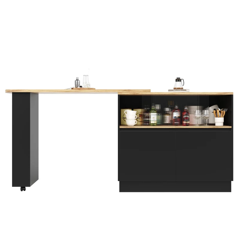 360° Swivelling Dining Bar Cabinet with Sliding Glass Doors, Open Shelves, Rotating Bar Table for Dining Room, 90L x 120W x 100H cm, Black