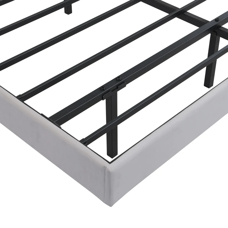 Upholstered Double Bed with Headboard Storage, LED Light Strip, Velvet and Iron Frame, Reading Light, 199L x 206.5W x 103H cm, Grey