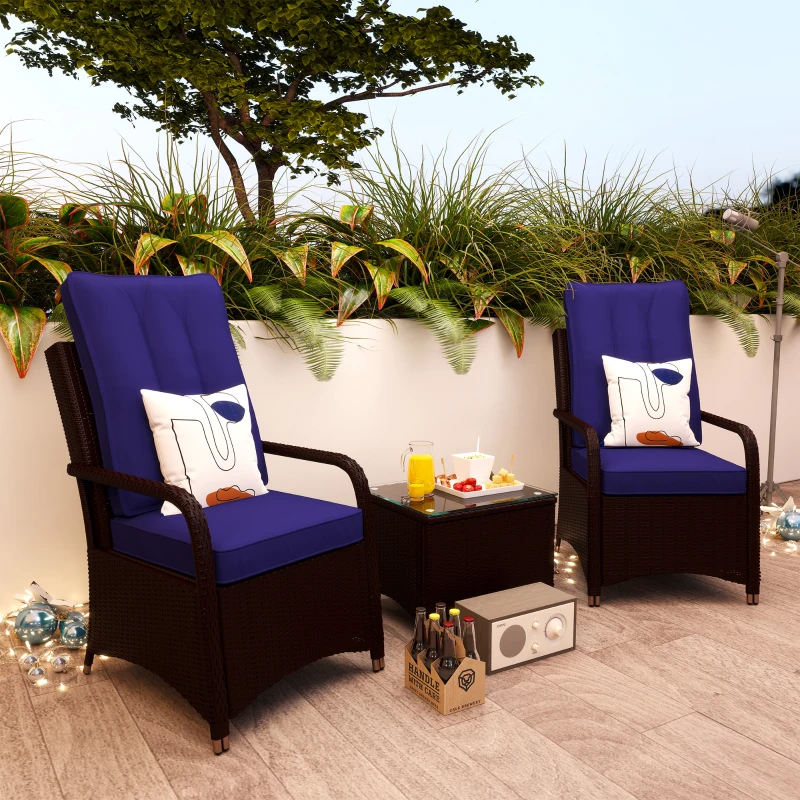 Outsunny 3 Pieces Rattan Bistro Set with Furniture Cover, Wicker Garden Furniture Set, Glass Top Coffee Table and Chairs with Cushions for Outdoor, Patio, Balcony, Dark Blue