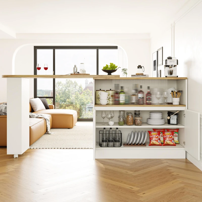 Multifunctional Bar Cabinet with Sliding Glass Doors, Versatile Storage, 360° Rotating Bar Table for Dining Room, 90L x 120W x 100H cm, White