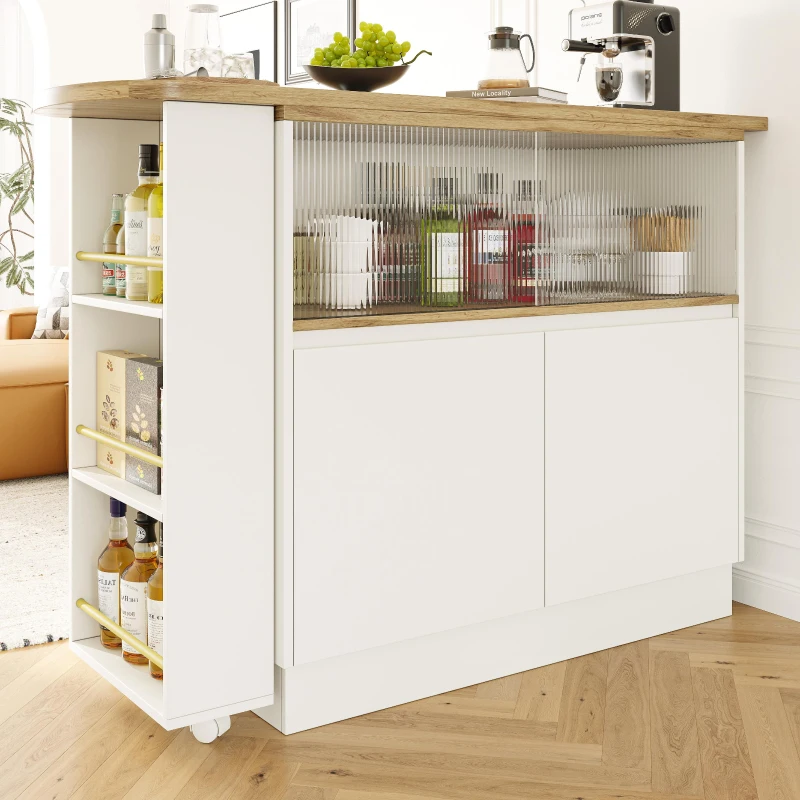 Multifunctional Bar Cabinet with Sliding Glass Doors, Versatile Storage, 360° Rotating Bar Table for Dining Room, 90L x 120W x 100H cm, White