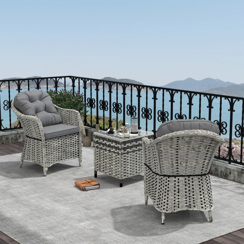 Outsunny 3 Pieces Rattan Bistro Set, Wicker Garden Bistro Set, Glass Top Balcony Table and Chairs with Cushions for Outdoor, Patio, Balcony, Grey
