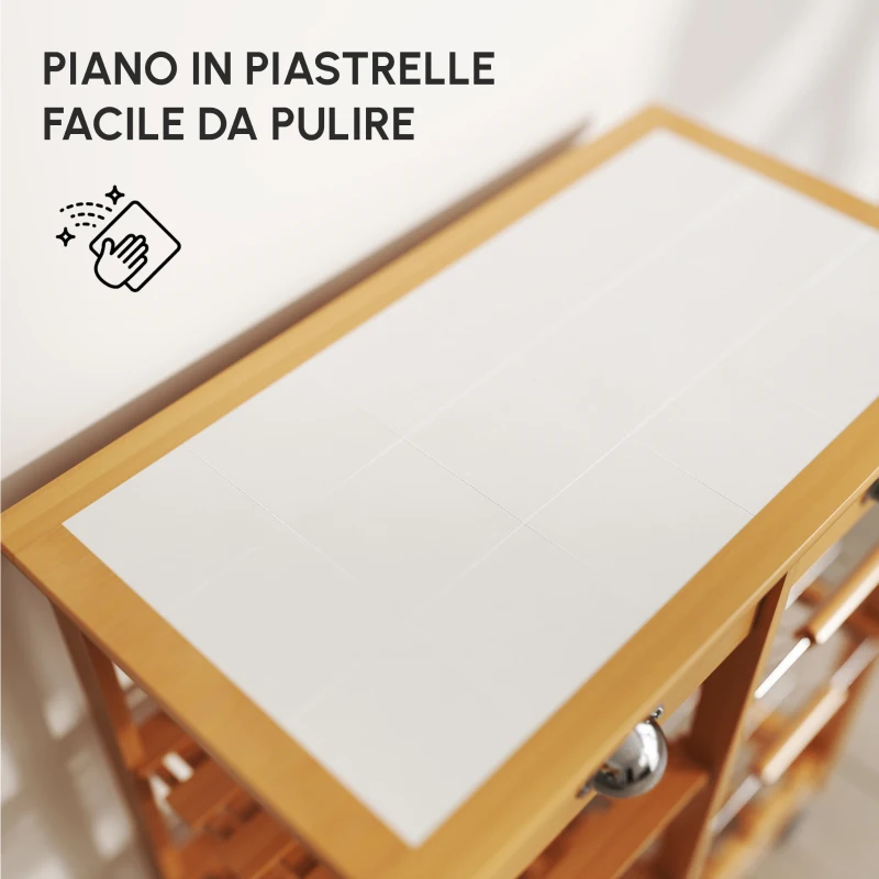 HOMCOM Carrello da Cucina Multiuso in Legno di Pino 74 x 37 x 76cm Marrone Chiaro