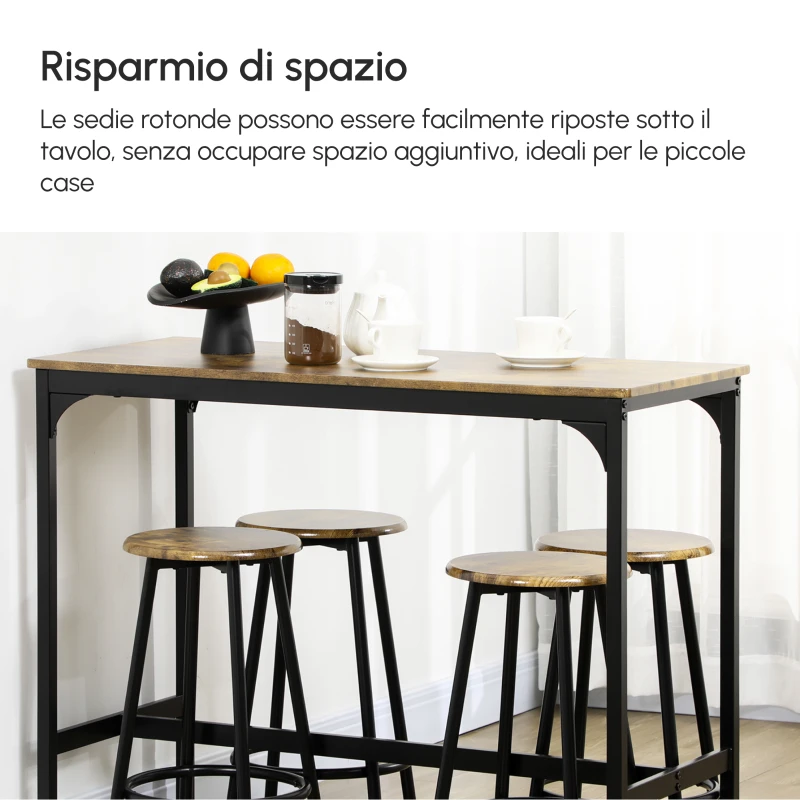 HOMCOM Set da Bar 5 pezzi con Tavolo alto e 4 Sgabelli Stile Industriale, Marrone e Nero