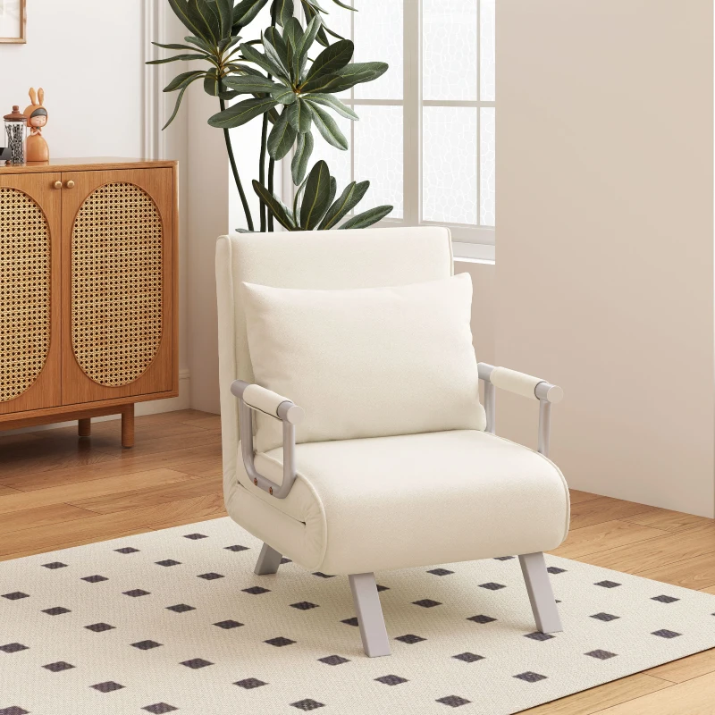 HOMCOM Sofá Cama Individual Sillón Cama Individual Sillón Reclinable con Almohada para Salón Dormitorio 65x69x80 cm Crema