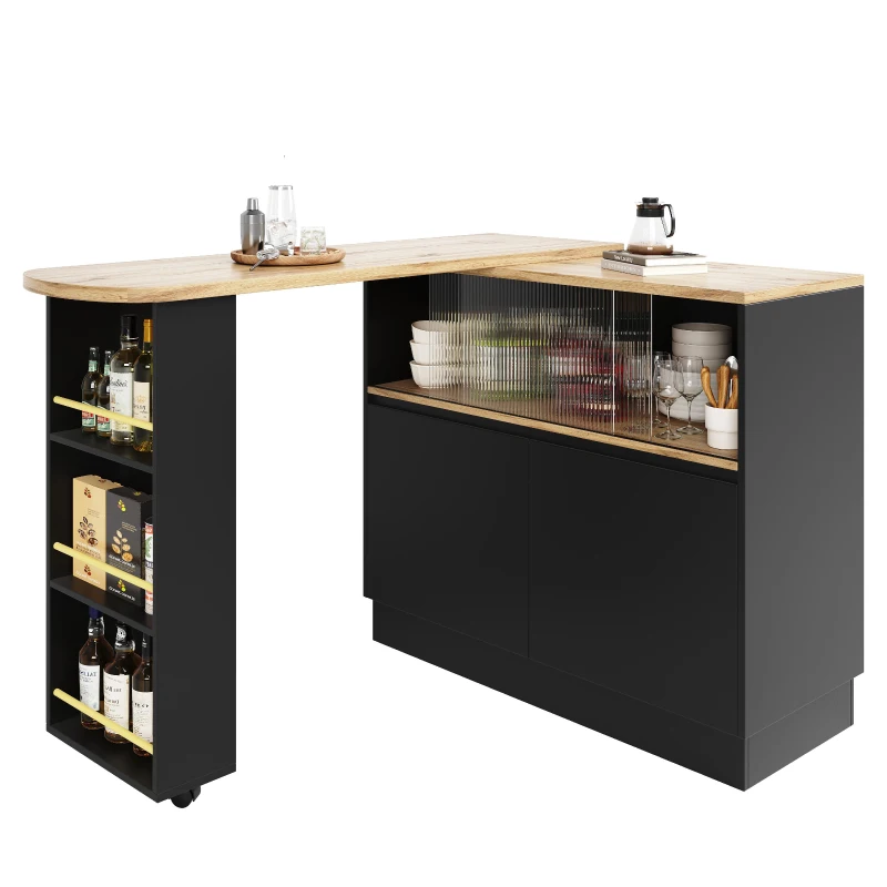 360° Swivelling Dining Bar Cabinet with Sliding Glass Doors, Open Shelves, Rotating Bar Table for Dining Room, 90L x 120W x 100H cm, Black