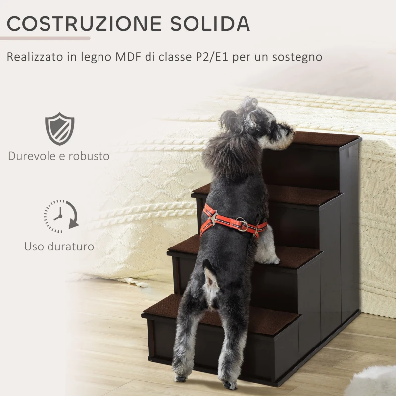 PawHut Scaletta per Cani e Gatti a 4 Scalini con Cuscini in Peluche Rimovibili, 40x59x54.2 cm, Marrone