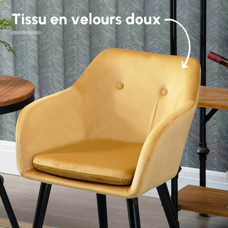HOMCOM Chaises de salle à manger chaise de cuisine chaises de salon scandinave - Lot de 2 - Pieds effilés Bois Noir - Velours Jaune Moutarde(m-7)
