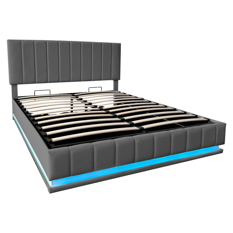 Ottoman Double Bed with Hydraulic Storage, LED Lighting, PU Leather, Bed Frame with Adjustable Headboard, 193L x 142W x 101-111H cm, Grey