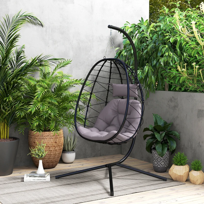 Outsunny Cadeira Suspensa com Suporte Baloiço Jardim com Cesto Dobrável Almofada e Apoio de Cabeça 98x95x198 cm Cinzento