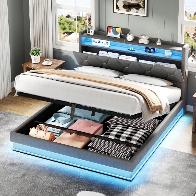 Modern Upholstered Double Bed with Hydraulic Storage, LED Headboard, Charging Station, USB and Type-C Ports, 206L x 137W x 110H cm, Grey