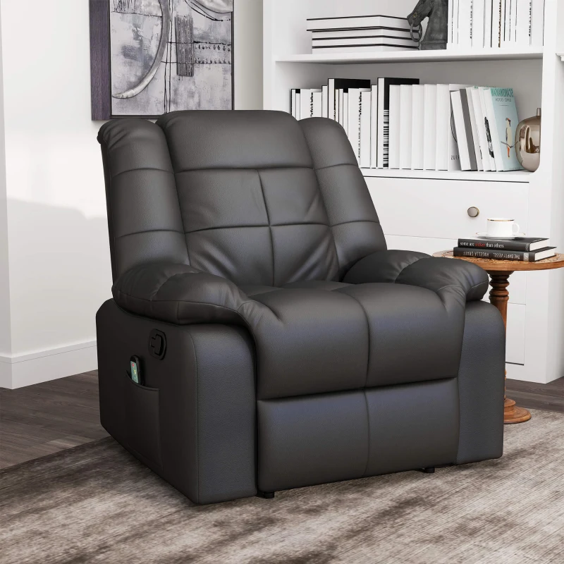 HOMCOM Fotel Masujący, Relaksacyjny, 8 Punktów Wibracji, Funkcja Leżenia, Skóra Ekologiczna, Czarny, 94x99x99 cm