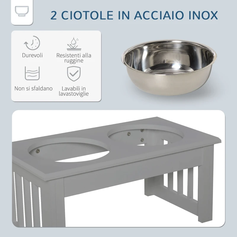 PawHut Ciotole Rialzate per Cani Taglia Piccola, Supporto in MDF con 2 Ciotole in Acciaio, Grigio