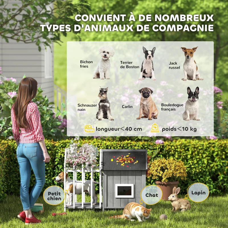 PawHut Niche pour chien extérieur en bois maison chien extérieur avec terrasse, porte à lamelles, 106 x 62,5 x 80,5 cm, gris