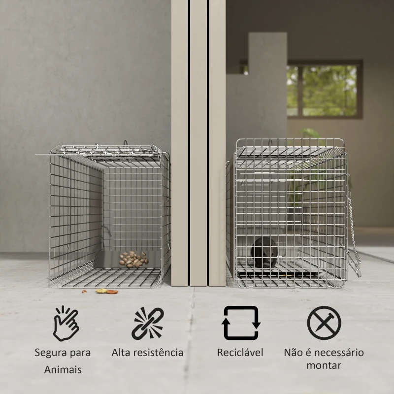 Outsunny Armadilha para Animais Vivos Dobrável 81x26x34,5 cm Gaiola de Captura com Porta e Alça para Coelhos Roedores Prata