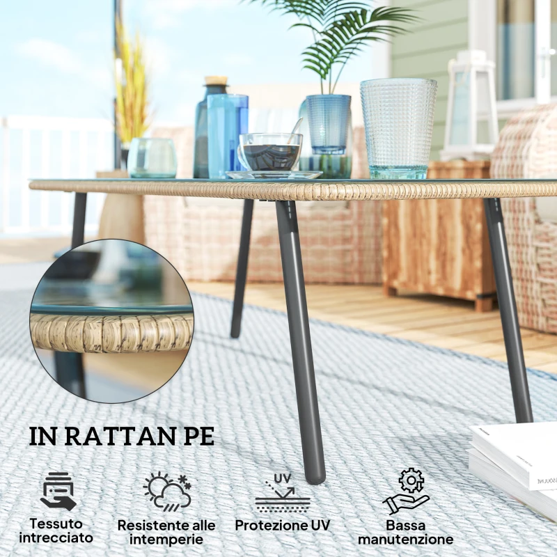 Outsunny Tavolino da Giardino in Rattan PE con Piano in Vetro e Acciaio, 110x60x40 cm, Legno Naturale