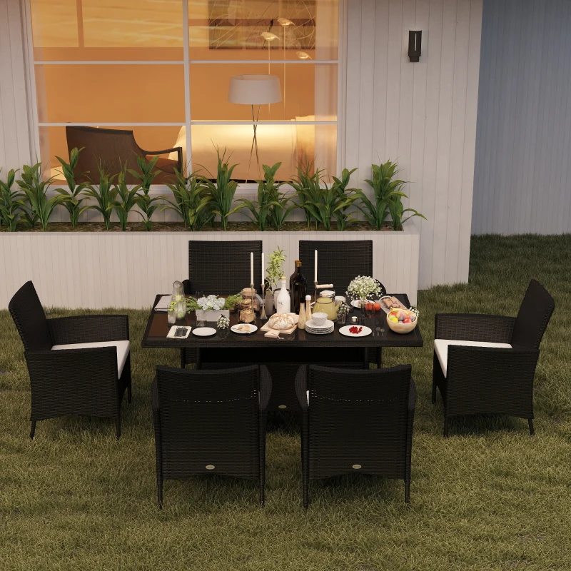 Outsunny 6 Seater Rattan Dining Set with Cushions, Rattan Garden Furniture Set with 6 Armchairs, Rectangular Glass Top Table, Outdoor Dining Table and Chairs, Black