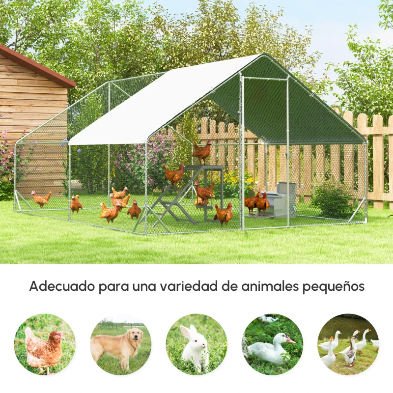 PawHut Gallinero para Exterior Jaula para Gallinas de Acero Galvanizado con Cubierta de PE y Cerradura 3x4x2 m Plata