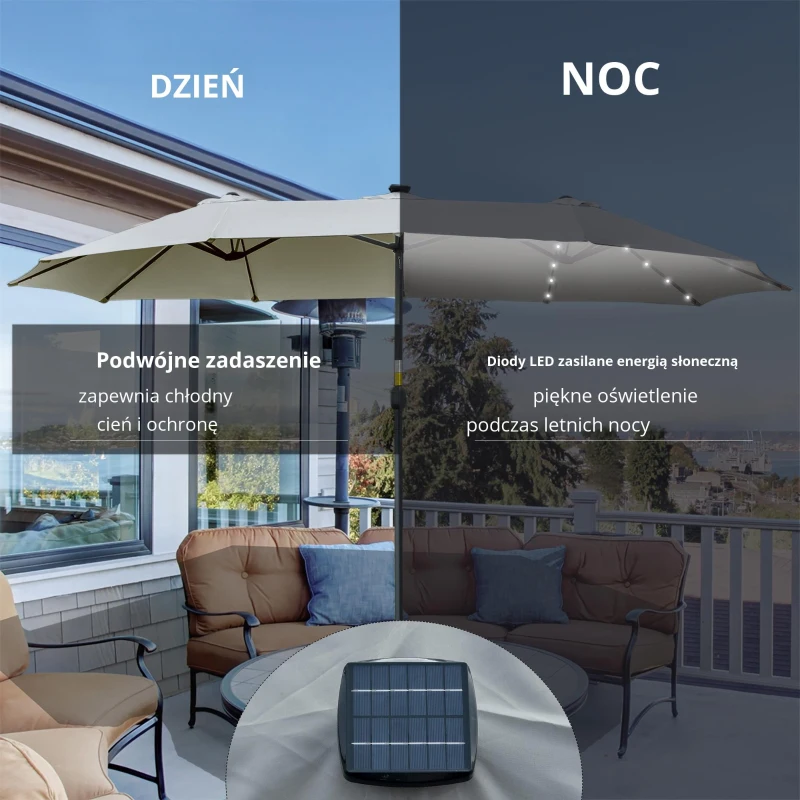 Outsunny Parasol z Oświetleniem LED Solar 4,5m, Podwójny Parasol Ogrodowy, Markiz, Tarasowy Okrągły Jasnoszary+Czarny