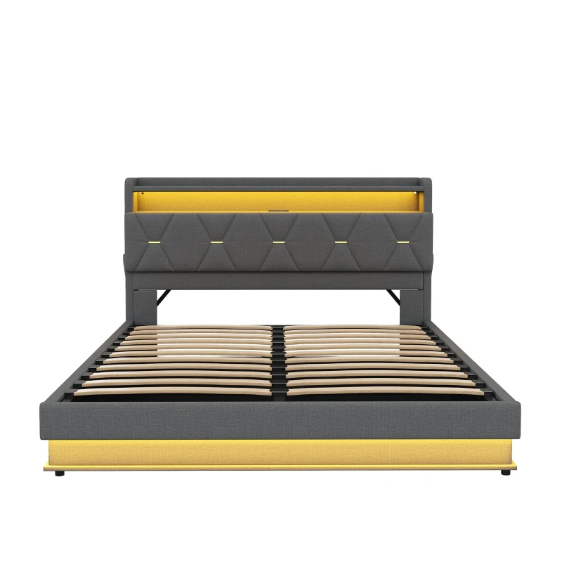 Modern Upholstered Double Bed with Hydraulic Storage, LED Headboard, Charging Station, USB and Type-C Ports, 206L x 137W x 110H cm, Grey