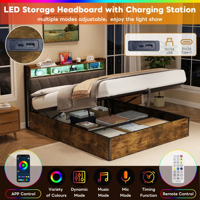 Double Bed Frame with RGB LED Headboard, Charging Station, Hydraulic Storage Bed with Linen Fabric, 205L x 136W x 109H cm, Black+Walnut