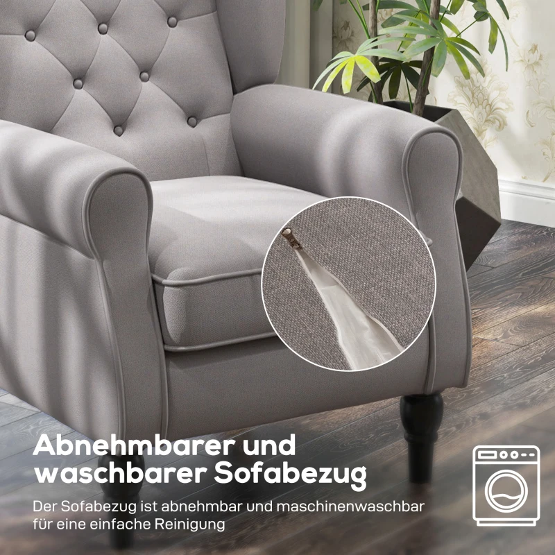 HOMCOM Ohrensessel Sessel mit Tufting, hoher Rückenlehne, Gepolstert Loungesessel mit abgerundeten Armlehnen, Holzbeine, für Schlafzimmer, Wohnzimmer, bis 160 kg, Grau