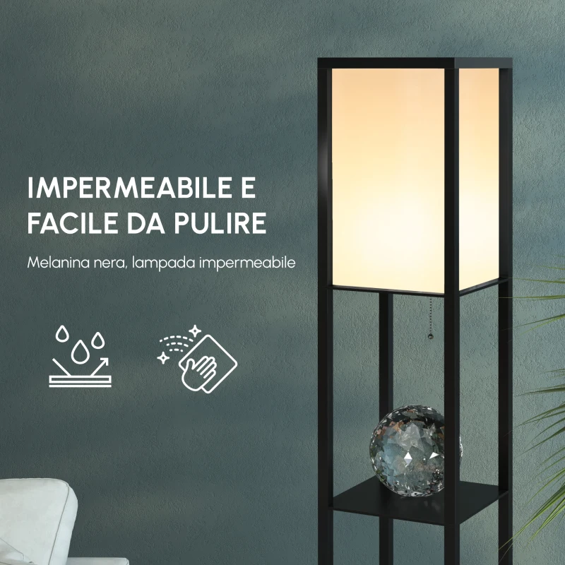 HOMCOM Lampada da Terra Moderna, Lampadina Illuminazione Interna Salvaspazio con Ripiani da Soggiorno Cotone, MDF 26 x 26 x 160 cm Nero e Bianco