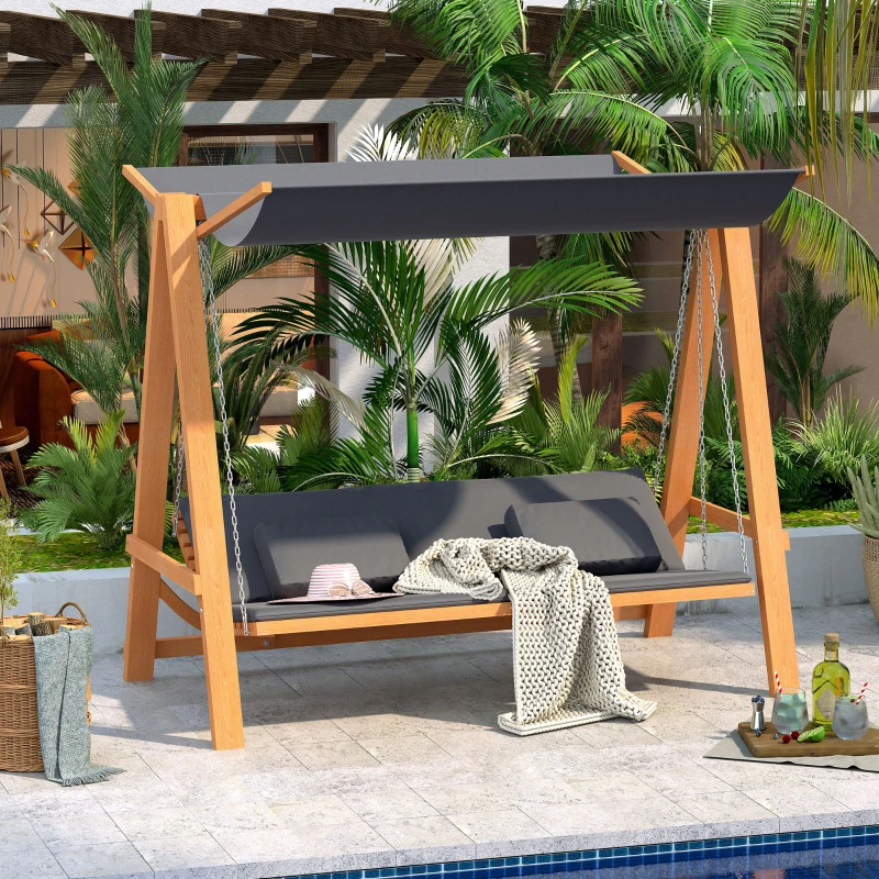 Outsunny Huśtawka Ogrodowa z Funkcją Łóżka 3-osobowa, Huśtawka z Drewna Modrzewiowego z Regulowanym Dachem Przeciwsłonecznym, Ławka Huśtawka Obciążenie 250kg, Leżak Ogrodowy na Taras, 225,5 x 113 x 180 cm Szary+Teak
