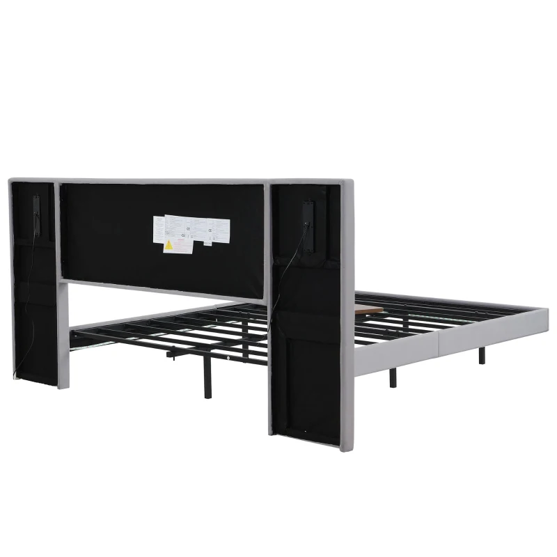 Upholstered Double Bed with Headboard Storage, LED Light Strip, Velvet and Iron Frame, Reading Light, 199L x 206.5W x 103H cm, Grey