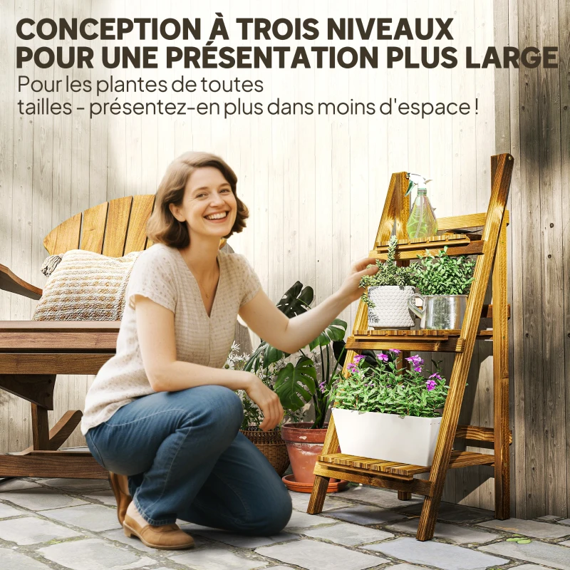 Outsunny Étagère à fleurs support plantes intérieur supports de pots porte plante 3 niveaux pliable bois de sapin 40 x 37 x 93 cm charge max. 40 kg pour intérieur, cour, terrasse, balcon