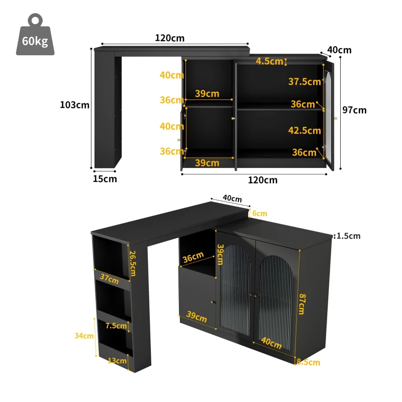 360° Rotating Bar Table with Multifunctional Storage, Metal Handles, Modern Dining Bar Cabinet with Glass Doors, 120L x 120W x 97H cm, Black