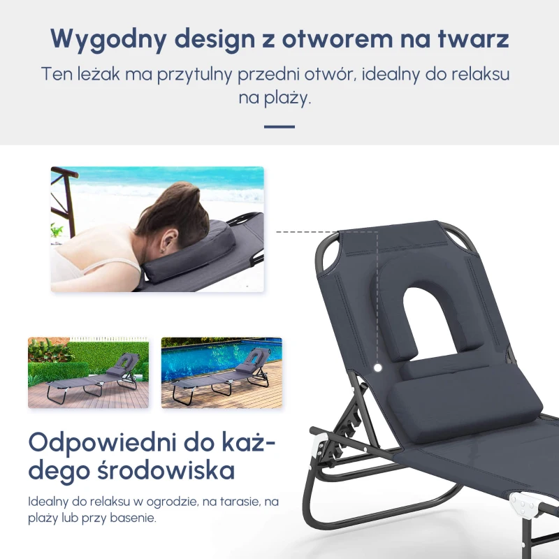 Outsunny leżak do opalania leżak ogrodowy leżak relaksacyjny poduszka z okienkiem do czytania składany szary