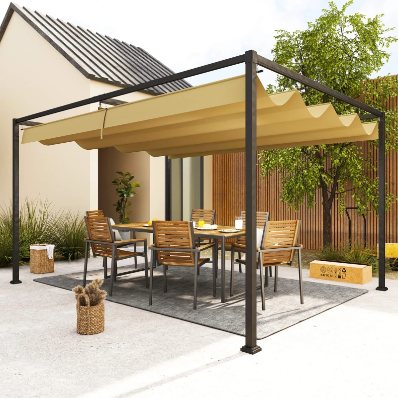 Outsunny 4 x 3(m) Metal Pergola with Retractable Roof, Garden Gazebo Canopy Shelter for Outdoor, Patio, Khaki