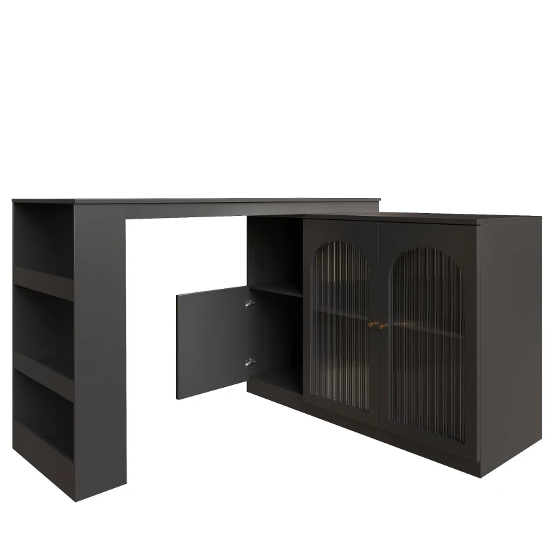 360° Rotating Bar Table with Multifunctional Storage, Metal Handles, Modern Dining Bar Cabinet with Glass Doors, 120L x 120W x 97H cm, Black
