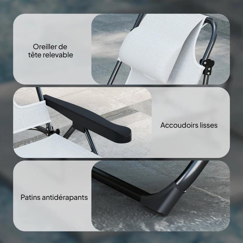 Outsunny Chaise longue de jardin pliante dossier réglable sur 4 niveaux, trou de lecture et appui-tête 72 x 194 x 89 cm crème