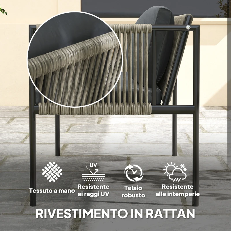 Outsunny Set Salotto da Giardino in Rattan con 2 Poltrone, Divanetto 2 Posti e Tavolino da Caffè in Vetro, Grigio