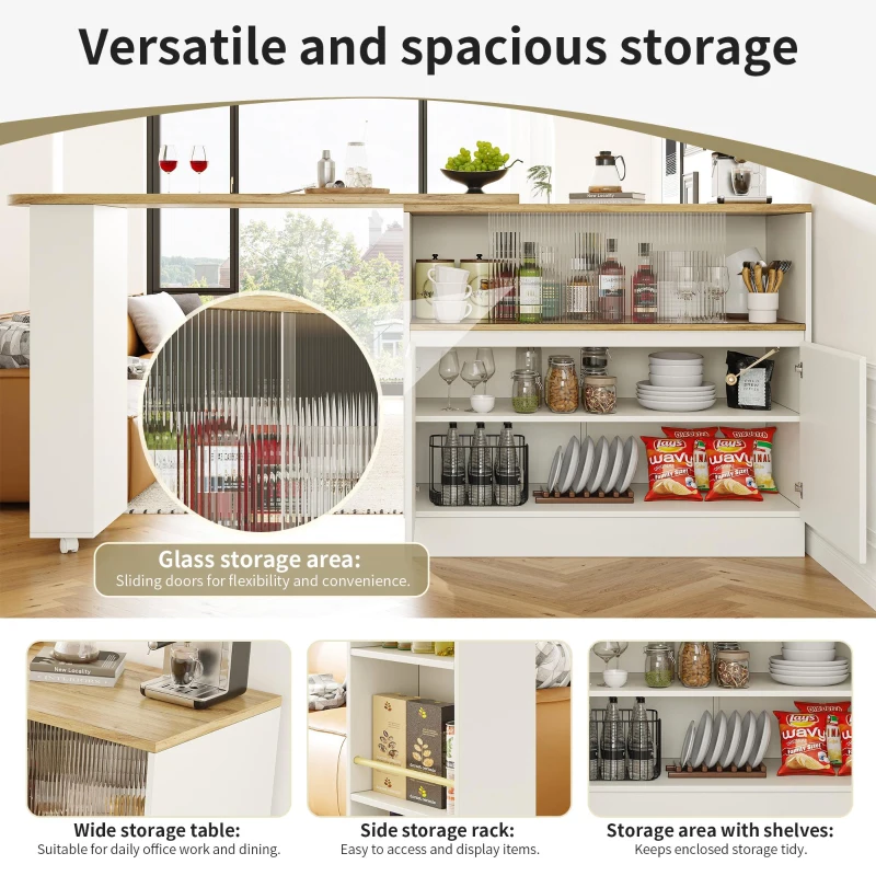 Multifunctional Bar Cabinet with Sliding Glass Doors, Versatile Storage, 360° Rotating Bar Table for Dining Room, 90L x 120W x 100H cm, White