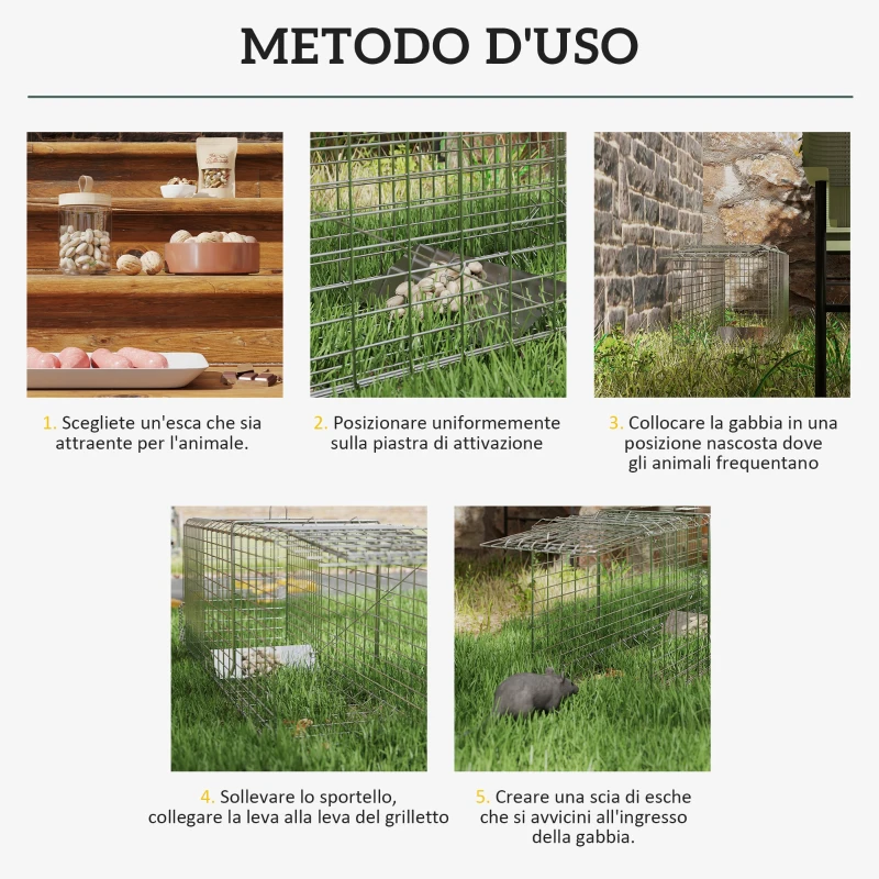 Outsunny Gabbia Trappola per Animali Vivi Pieghevole in Acciaio, 81x26x34.5cm, Argento