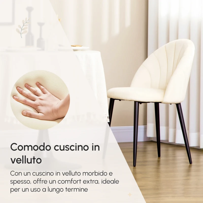 HOMCOM Set 2 Sedie da Salotto e Sala da Pranzo Imbottite, in Metallo e Tessuto Effetto Velluto Beige, 52x54x79 cm