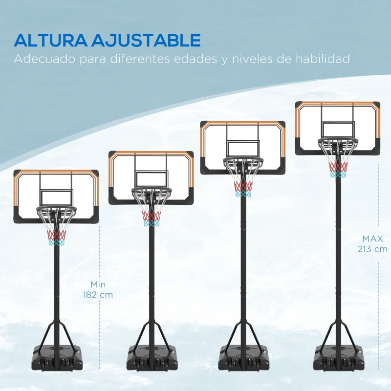 SPORTNOW Canasta de Baloncesto de Exterior con Altura Ajustable 182-213 cm Ruedas Base Rellenable Negro