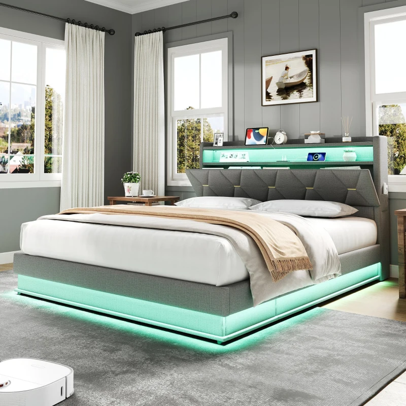 Modern Upholstered Double Bed with Hydraulic Storage, LED Headboard, Charging Station, USB and Type-C Ports, 206L x 137W x 110H cm, Grey