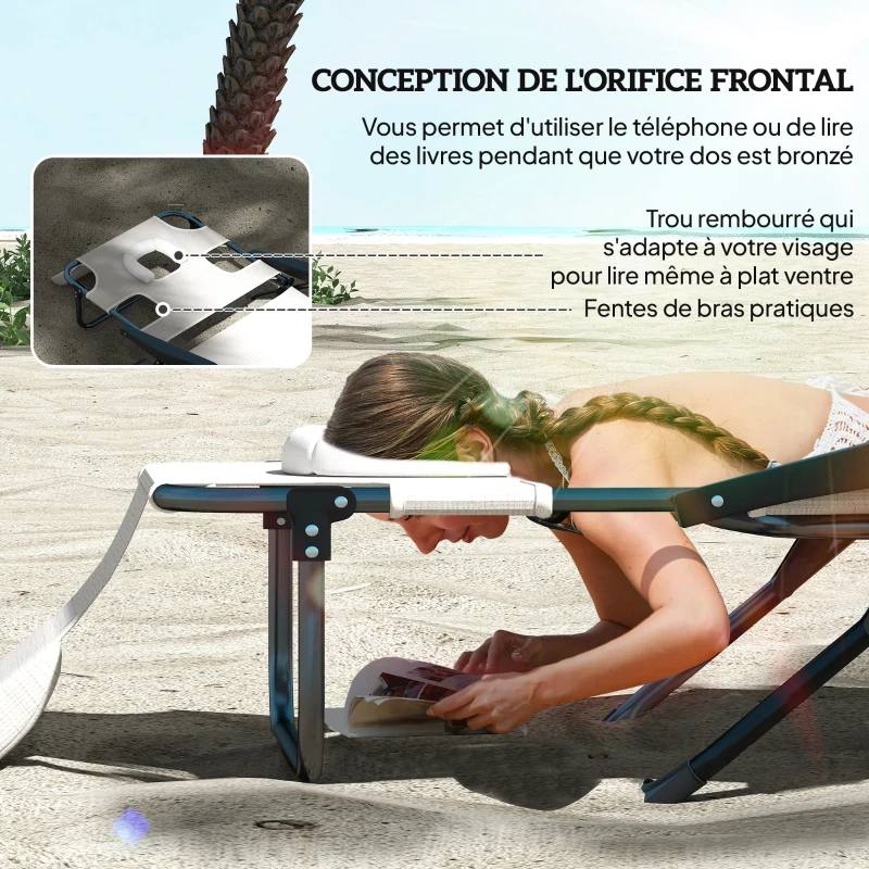 Outsunny Chaise longue de jardin pliante dossier réglable sur 4 niveaux, trou de lecture et appui-tête 72 x 194 x 89 cm crème