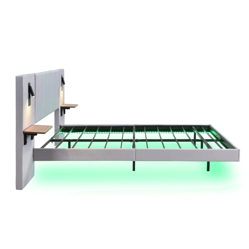 Upholstered Double Bed with Headboard Storage, LED Light Strip, Velvet and Iron Frame, Reading Light, 199L x 206.5W x 103H cm, Grey