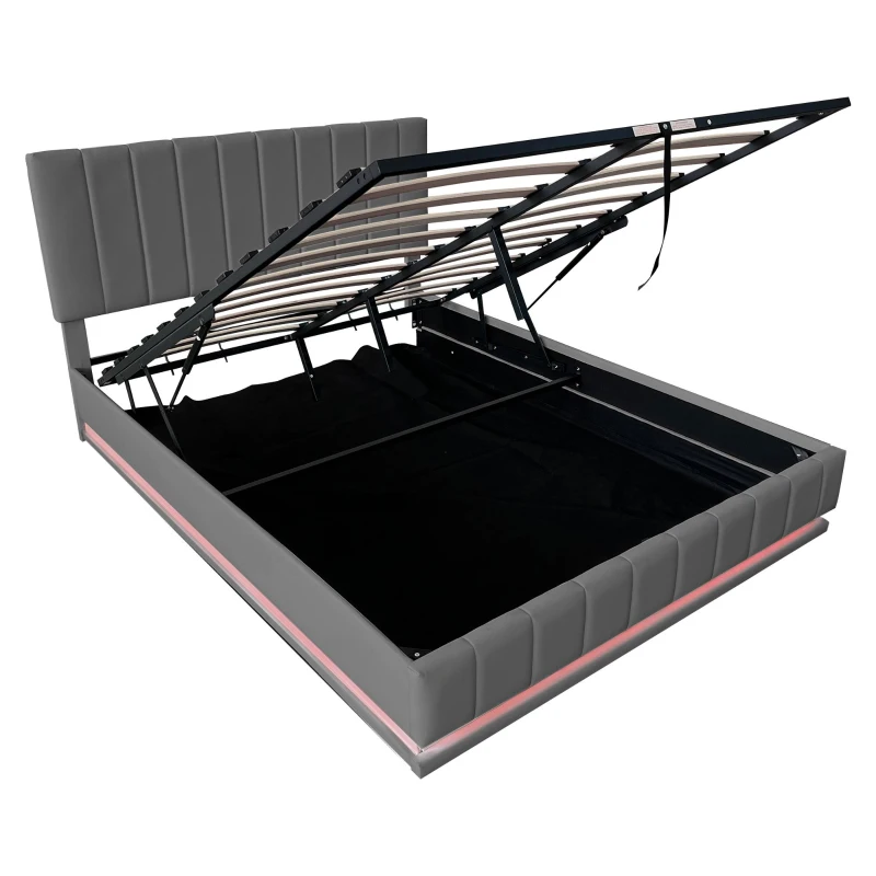 Ottoman Double Bed with Hydraulic Storage, LED Lighting, PU Leather, Bed Frame with Adjustable Headboard, 193L x 142W x 101-111H cm, Grey