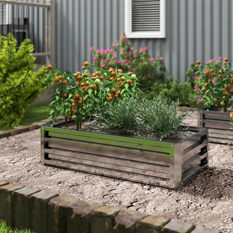 Outsunny Hochbeet Pflanzkasten, wetterbeständig, offener Boden, verzinkter Stahl, 120 cm x 60 cm x 30,5 cm, Silber