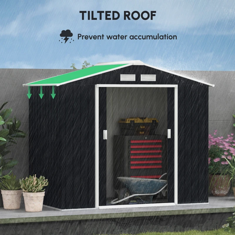 Outsunny 7ft x 4ft Lockable Garden Shed Large Patio Roofed Tool Metal Storage Building Foundation Sheds Box Outdoor Furniture, Dark Grey(m-4)