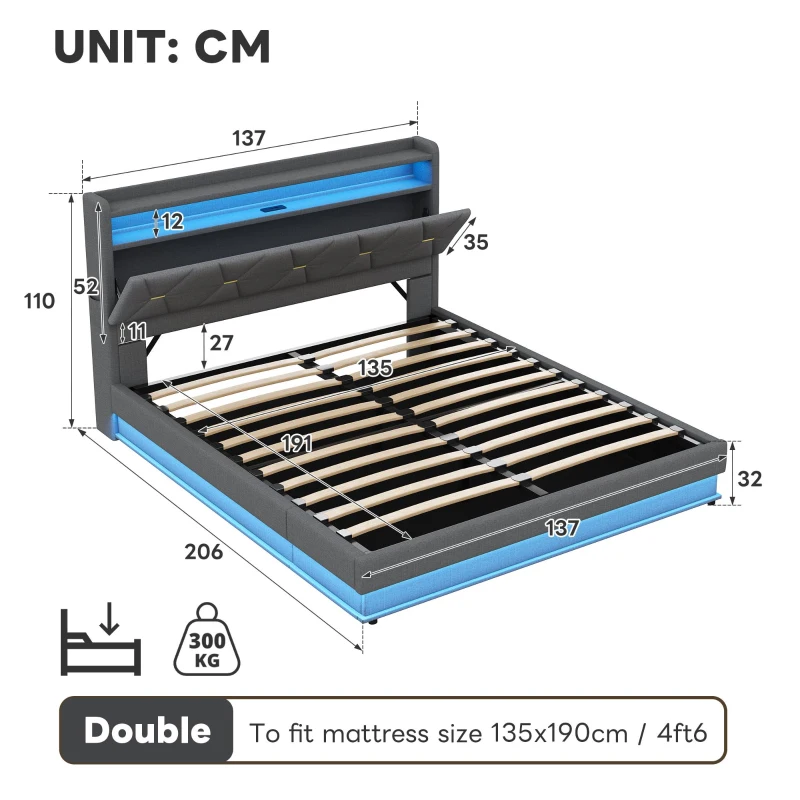 Modern Upholstered Double Bed with Hydraulic Storage, LED Headboard, Charging Station, USB and Type-C Ports, 206L x 137W x 110H cm, Grey
