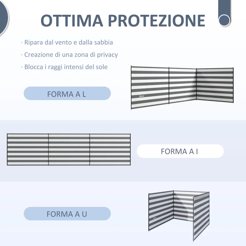 Outsunny Paravento da Spiaggia Pieghevole Frangivista in Poliestere con Barre in Acciaio, 540x150 cm, Grigio