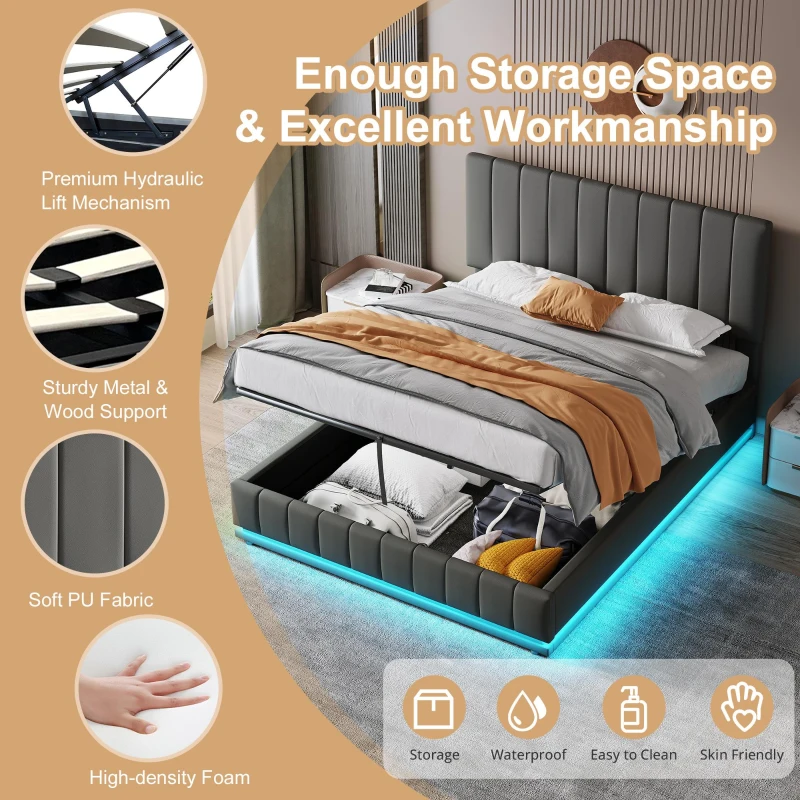Ottoman Double Bed with Hydraulic Storage, LED Lighting, PU Leather, Bed Frame with Adjustable Headboard, 193L x 142W x 101-111H cm, Grey